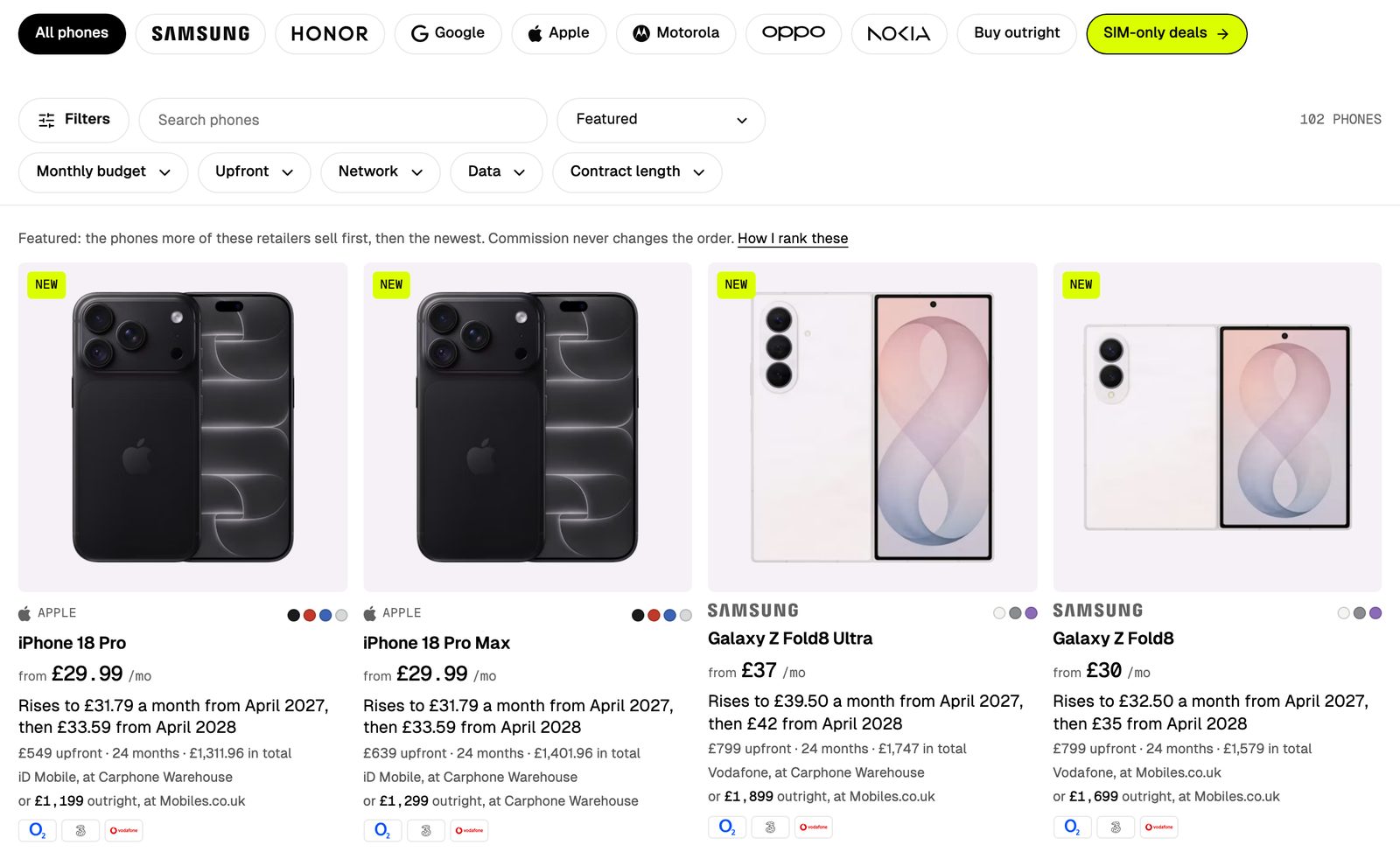 Phone cards on Vouchernaut's phone finder for the iPhone 18 Pro, iPhone 18 Pro Max and two Galaxy Z Fold8 models, each with the monthly price, its rises, the upfront cost, the total and the seller