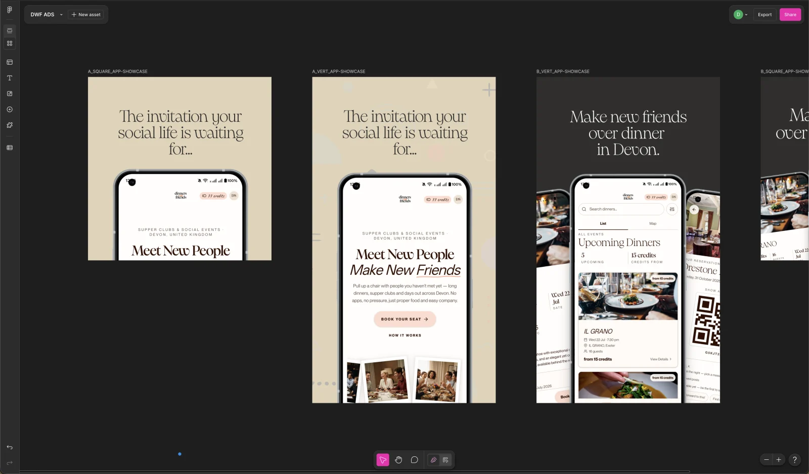 Dinners With Friends campaign artboards showing the product across mobile layouts
