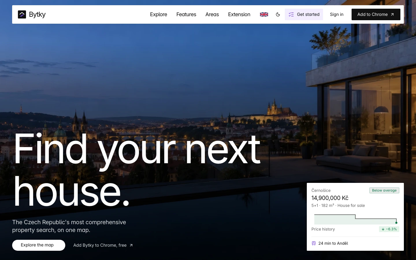 Bytky’s live property website and its interactive housing-market hero