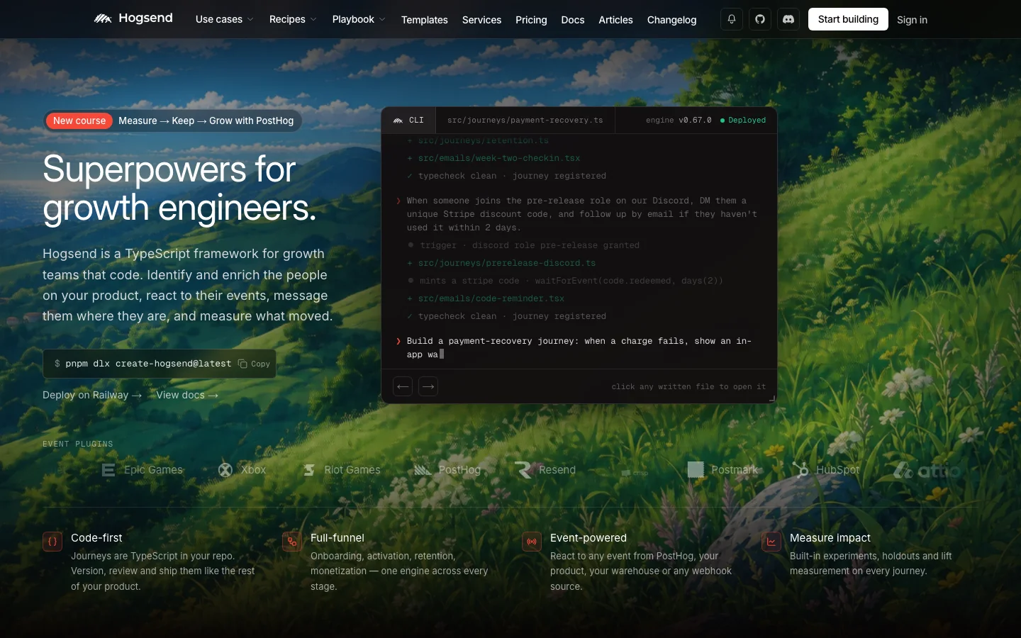 Hogsend’s live growth-engineering website and animated product interface